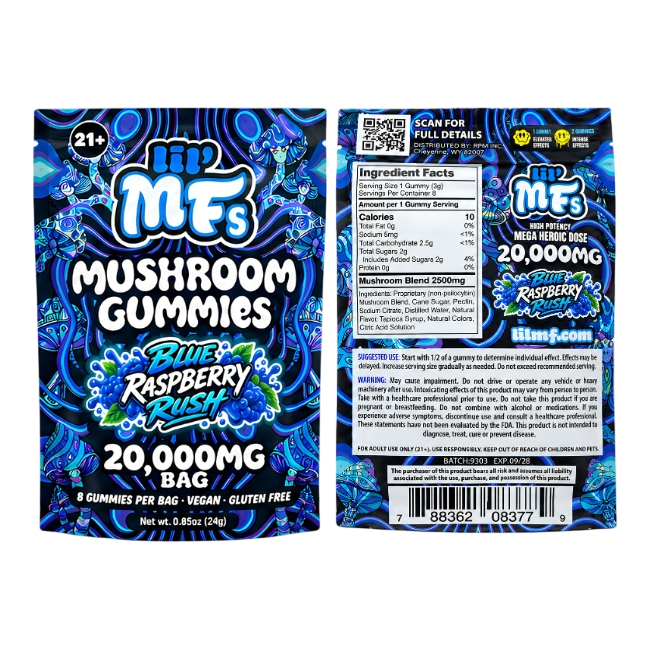 lil' MFs Mushroom Gummies, Blue Raspberry Rush: front and back of the 20,000MG bag
