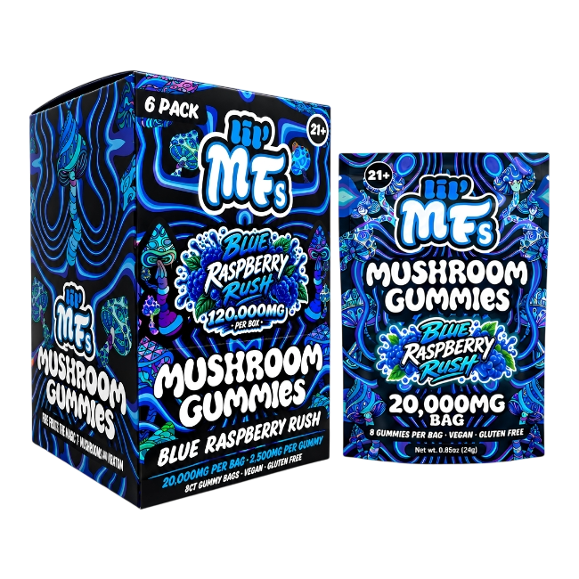lil' MFs Mushroom Gummies, Blue Raspberry Rush: 6 pack box beside a 20,000MG bag