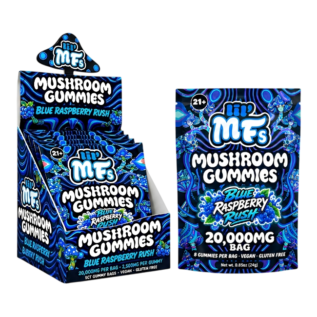 lil' MFs Mushroom Gummies, Blue Raspberry Rush: counter display box of bags beside a 20,000MG bag