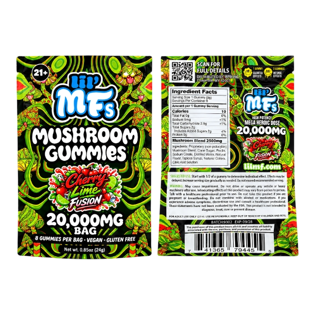 lil' MFs Mushroom Gummies, Cherry Lime Fusion: front and back of the 20,000MG bag