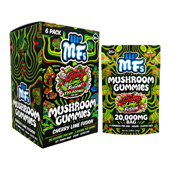 lil' MFs Mushroom Gummies, Cherry Lime Fusion: 6 pack box beside a 20,000MG bag