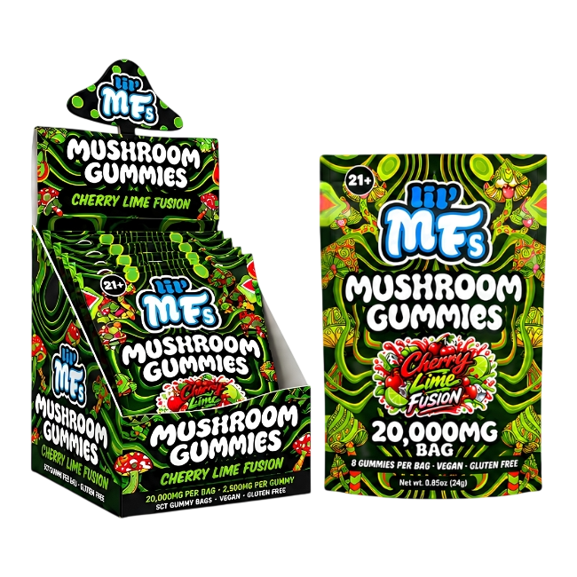 lil' MFs Mushroom Gummies, Cherry Lime Fusion: counter display box of bags beside a 20,000MG bag