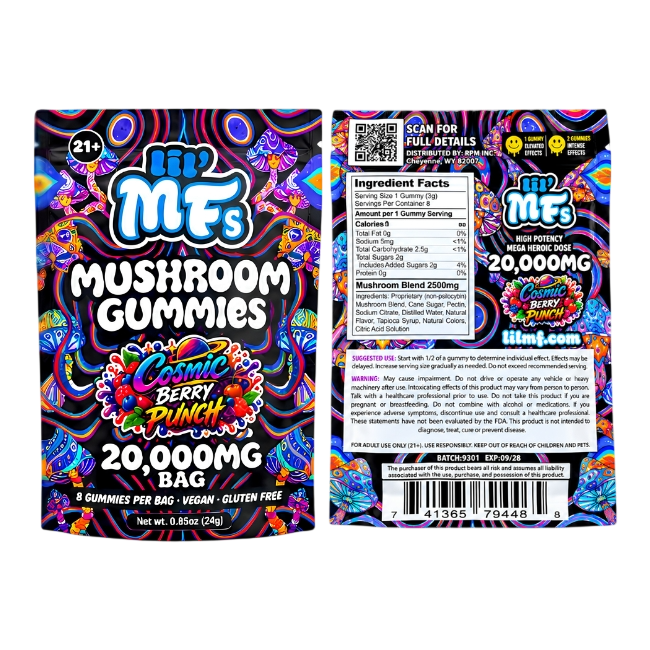 lil' MFs Mushroom Gummies, Cosmic Berry Punch: front and back of the 20,000MG bag