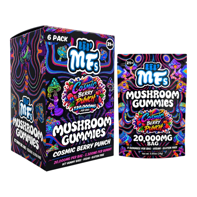 lil' MFs Mushroom Gummies, Cosmic Berry Punch: 6 pack box beside a 20,000MG bag