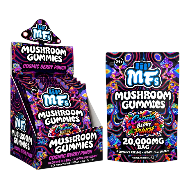 lil' MFs Mushroom Gummies, Cosmic Berry Punch: counter display box of bags beside a 20,000MG bag
