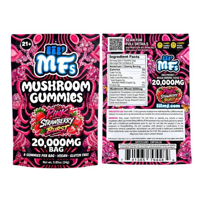 lil' MFs Mushroom Gummies, Pink Strawberry Burst: front and back of the 20,000MG bag