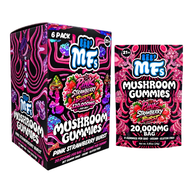 lil' MFs Mushroom Gummies, Pink Strawberry Burst: 6 pack box beside a 20,000MG bag