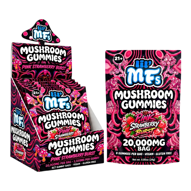 lil' MFs Mushroom Gummies, Pink Strawberry Burst: counter display box of bags beside a 20,000MG bag