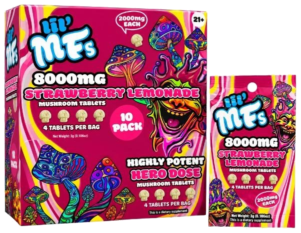 lil' MFs 4 Count Mushroom Tablets, Strawberry Lemonade: 10 pack box beside an 8000MG bag